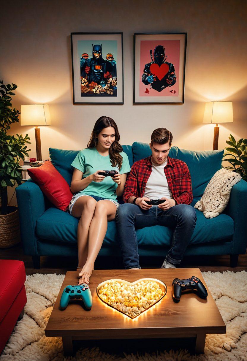 A cozy living room with a couple playing video games together, surrounded by colorful game controllers and snacks. The scene includes a heart-shaped pixel art above them, symbolizing love and connection. Soft lighting adds warmth, while playful gaming elements create an atmosphere of joy and togetherness. super-realistic. vibrant colors. cozy ambiance.