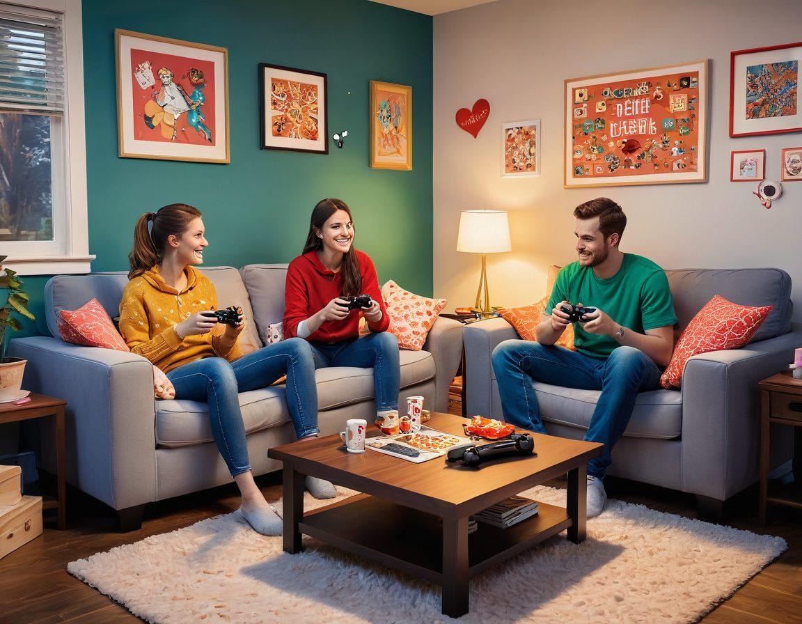 A vibrant illustration of a cozy living room where a couple is playing video games together, surrounded by floating hearts and gaming icons. The room is filled with soft, warm lighting and colorful posters of famous video games. The couple is sharing a laugh, showcasing the fun and romantic synergy between gaming and love. Include little details like snacks on a table and a pet watching them play. cartoon style. vibrant colors. cozy atmosphere.