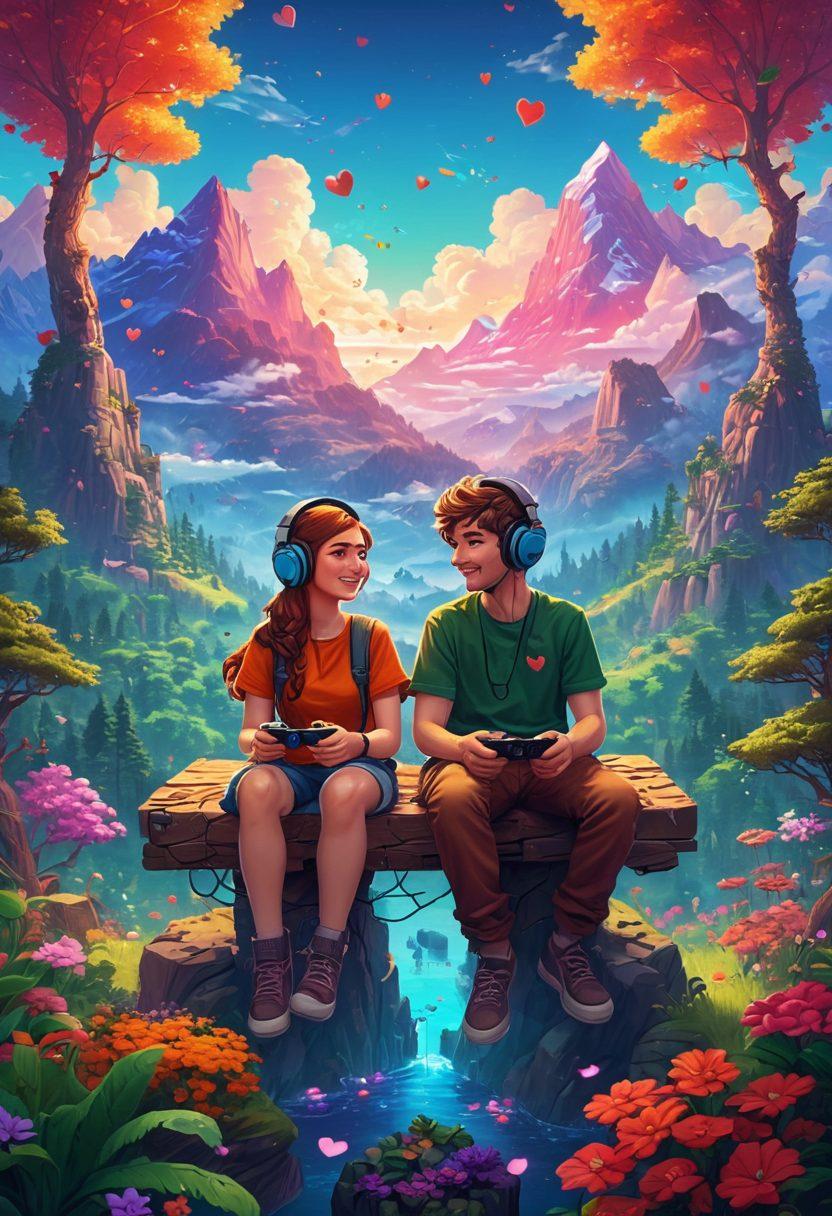 A whimsical scene showing a couple sitting together, wearing gaming headsets, immersed in a vibrant pixelated world. Surrounding them are floating hearts and game controllers, symbolizing love within gaming. The background features colorful video game landscapes, blending fantasy elements with digital art. The couple appears joyful and connected, showcasing the merging of love and gaming culture. pixel art. vibrant colors.